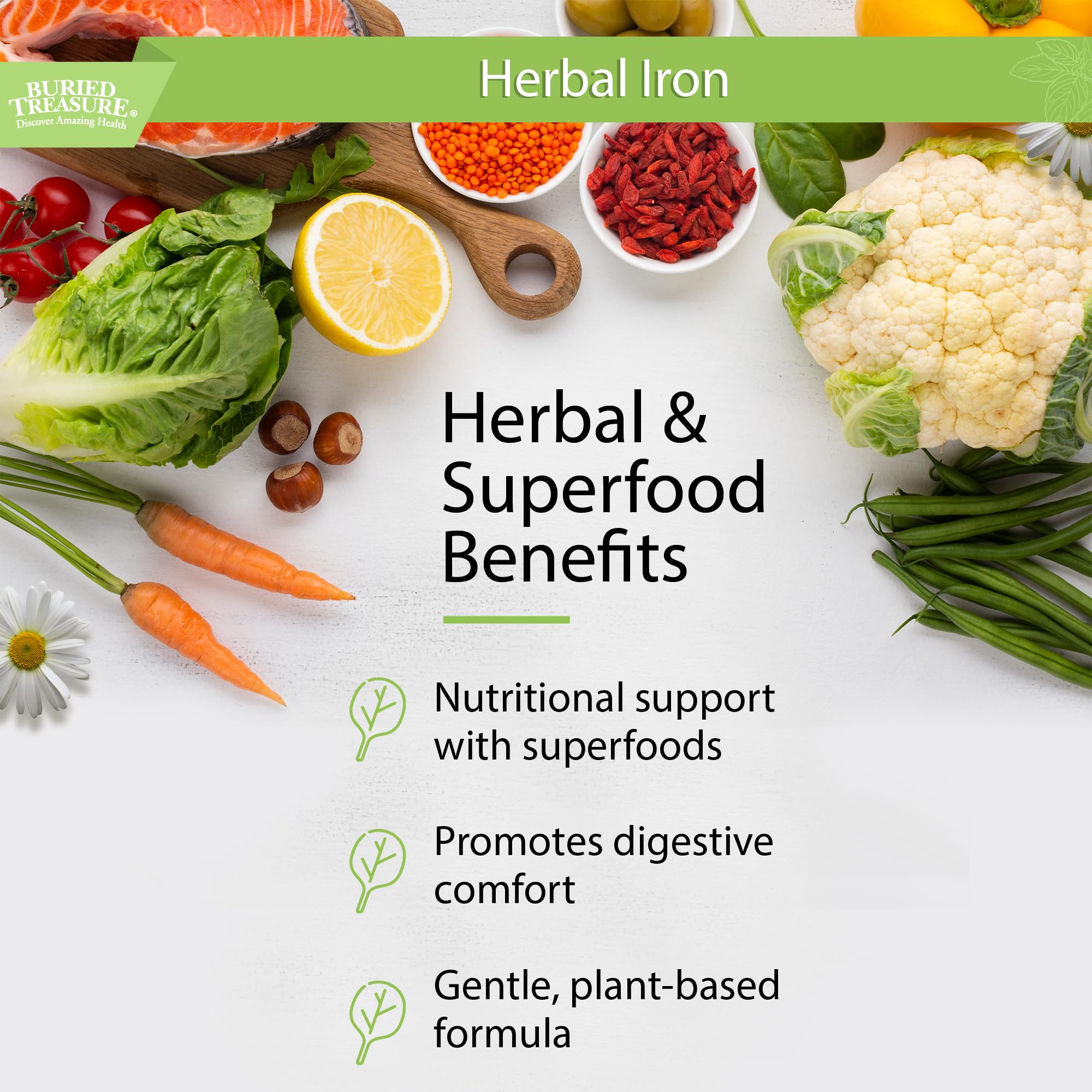 Buried Treasure Herbal Iron vegan-friendly label communicates plant-based iron option.