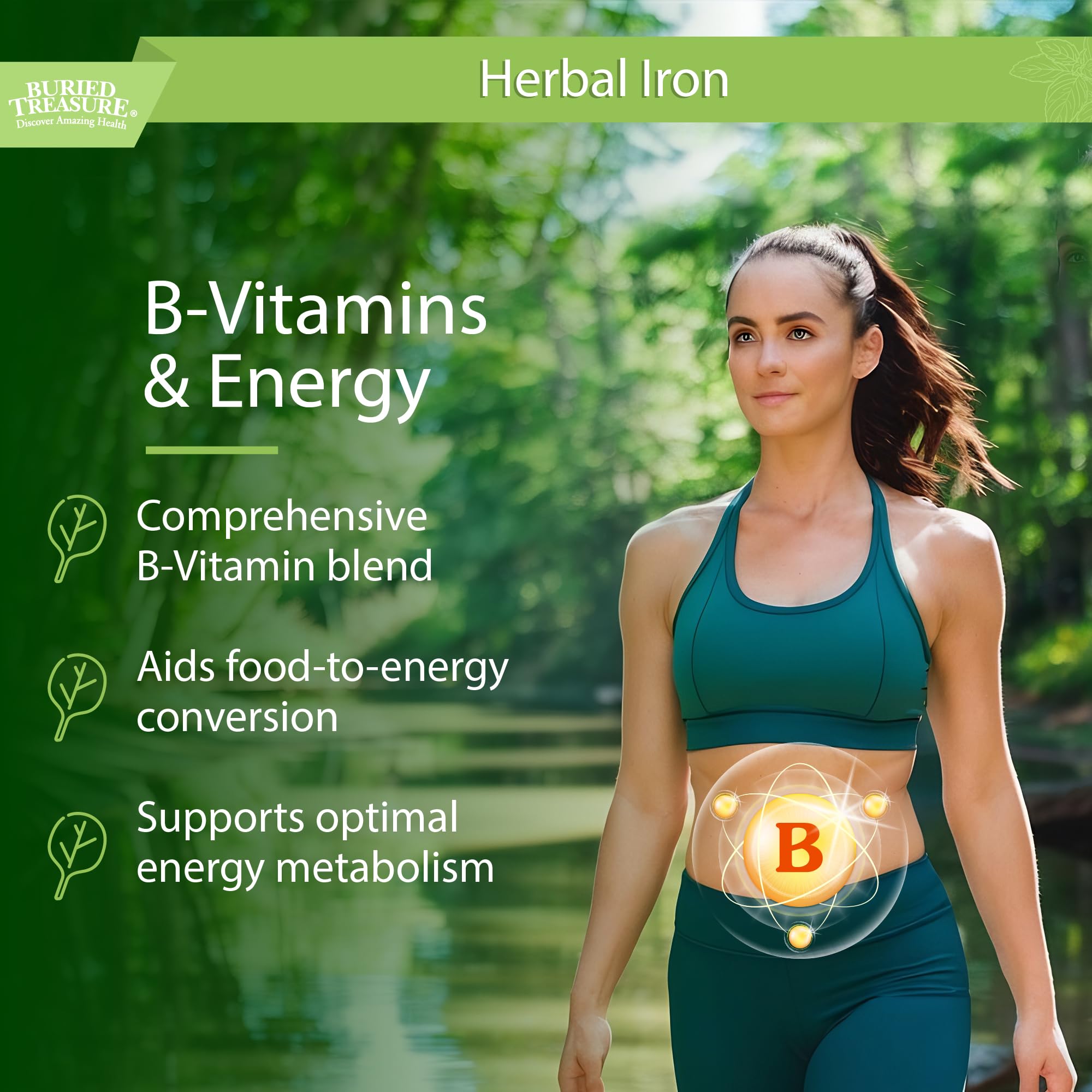 Buried Treasure Herbal Iron bottle highlights Vitamin C and B complex for a balanced formula.