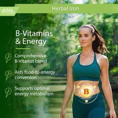 Buried Treasure Herbal Iron bottle highlights Vitamin C and B complex for a balanced formula.