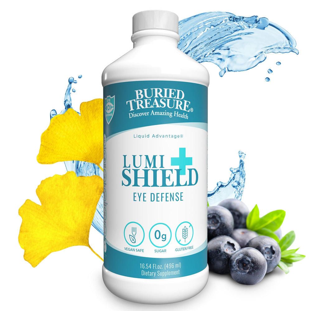 Buried Treasure LumiShield Plus peppermint bottle close-up highlighting flavor and eye support.