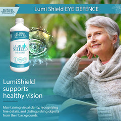 Buried Treasure LumiShield Plus peppermint bottle with glass showing convenient intake.