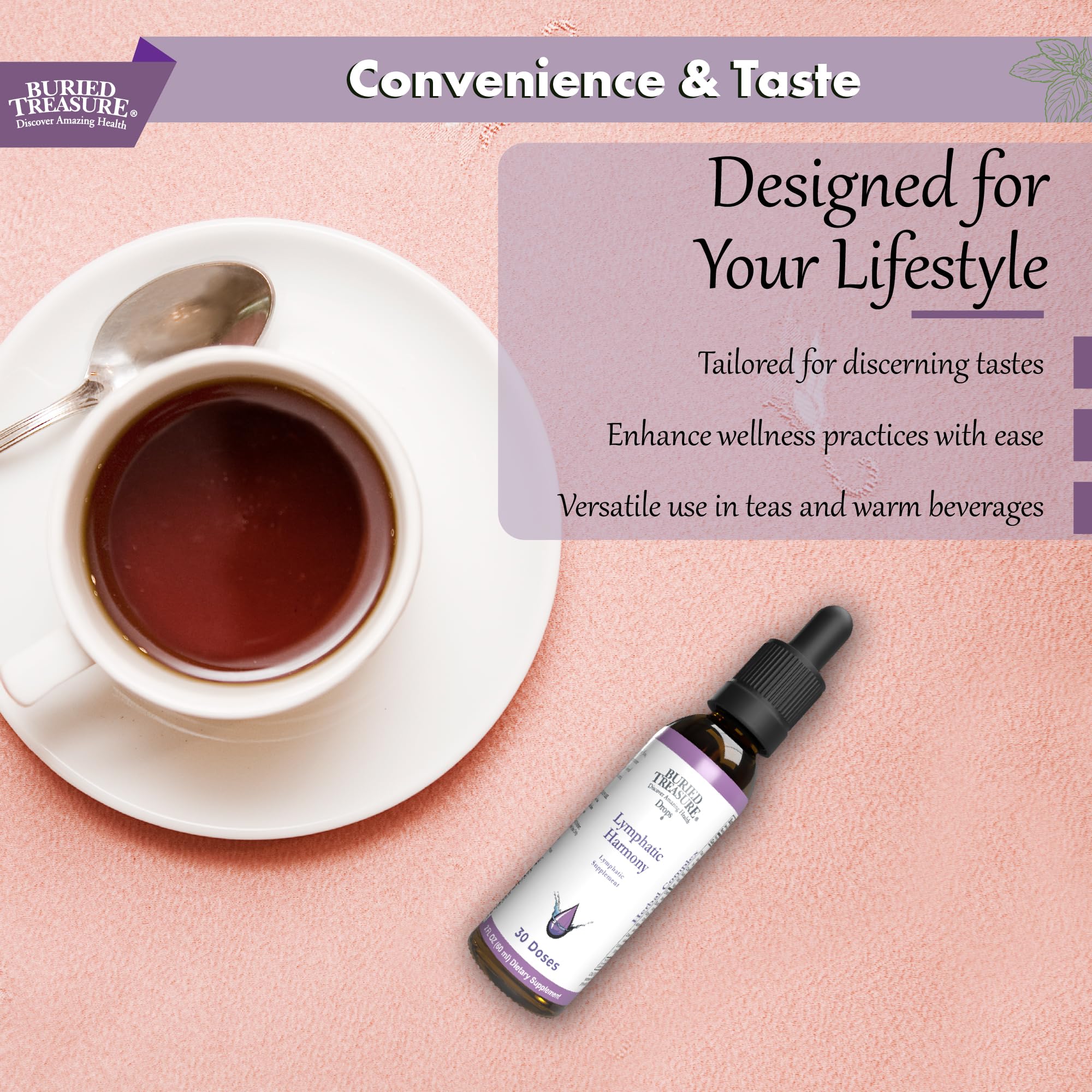 Buried Treasure Lymphatic Harmony Drops beside a glass, illustrating versatile use with water.