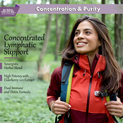 Close-up of Buried Treasure Lymphatic Harmony Drops label highlighting alcohol-free, non-GMO formula.