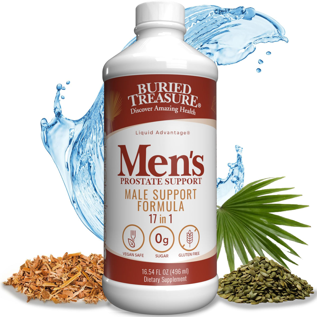 Buried Treasure Men's Prostate bottle front with natural formula for daily urinary support