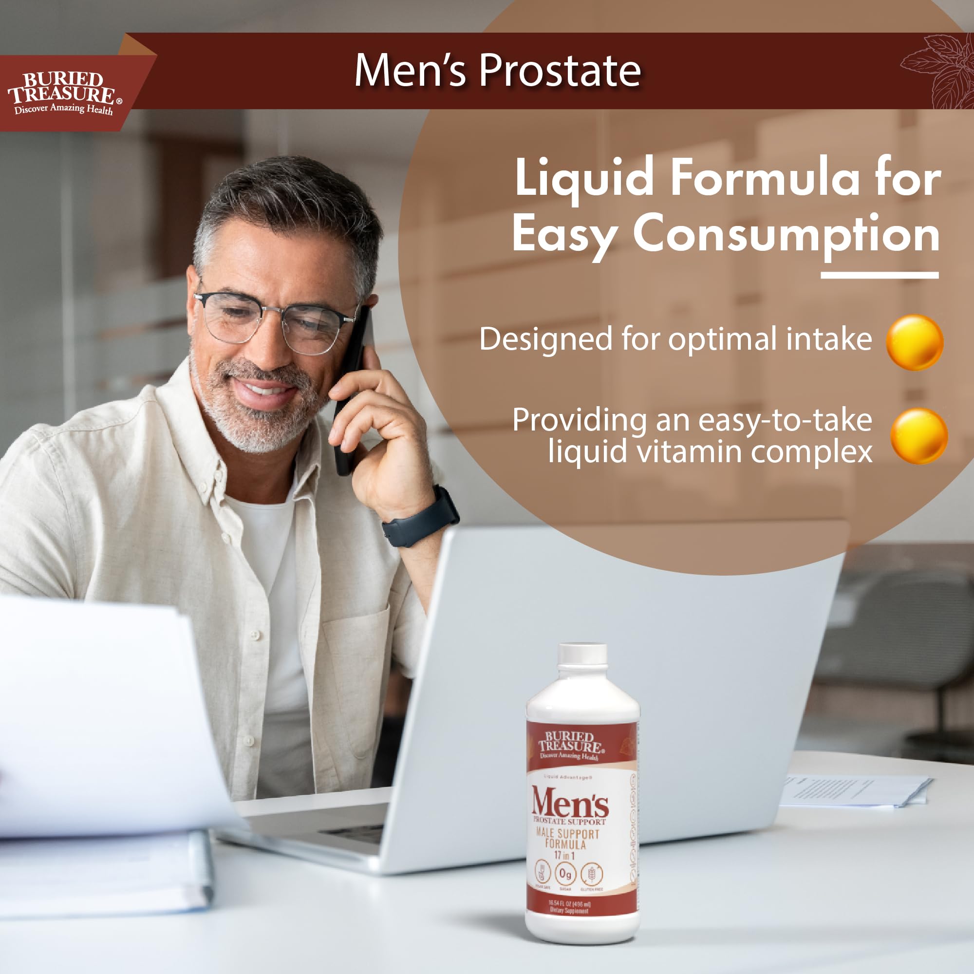 Buried Treasure Men's Prostate ingredients section visual featuring saw palmetto and pumpkin seed