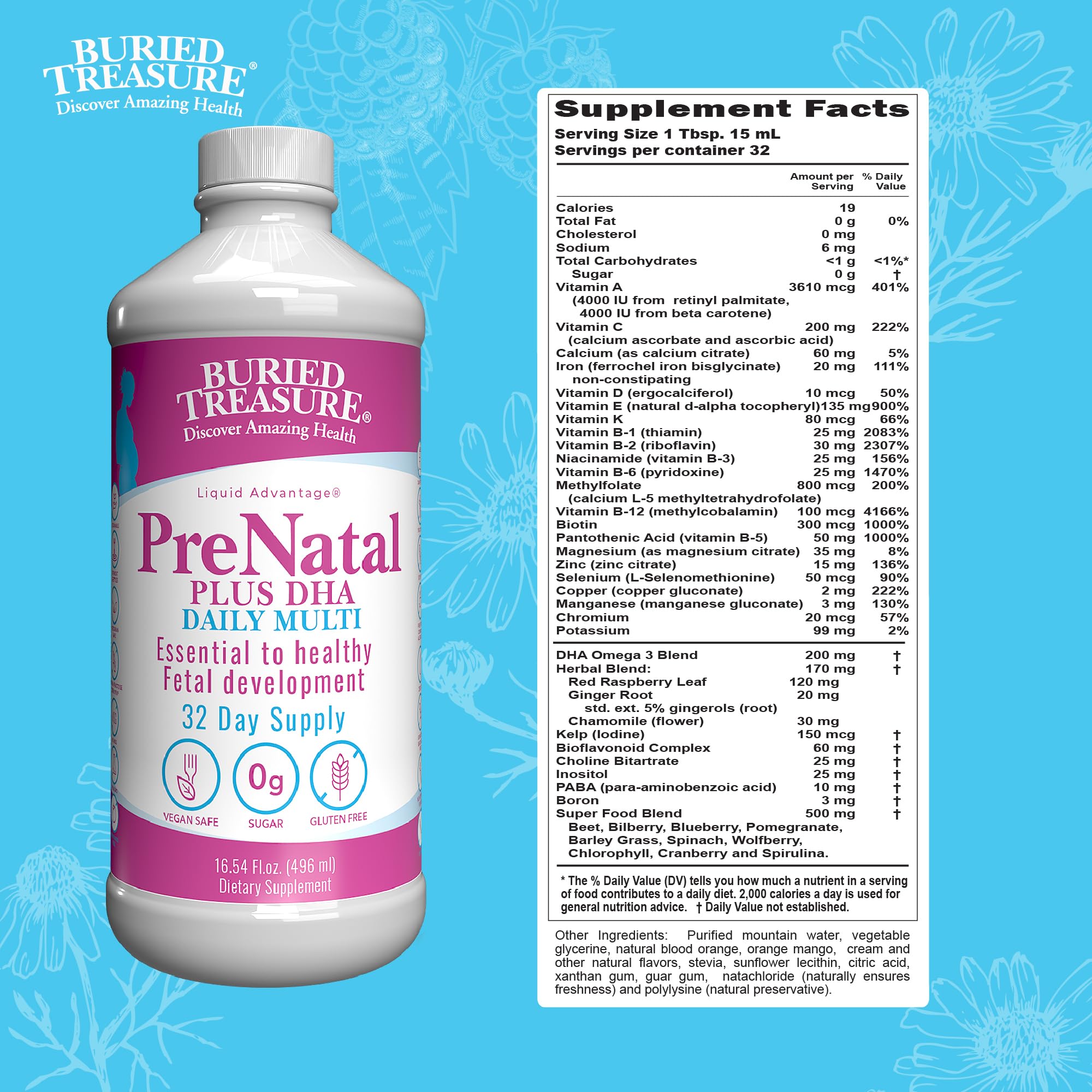 Buried Treasure Prenatal Plus DHA bottle cap for easy daily dosing.
