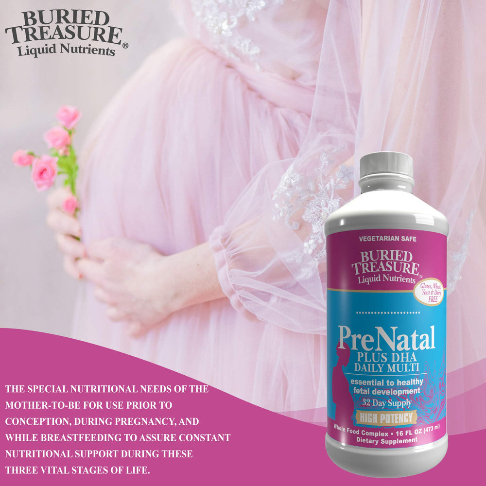 Buried Treasure Prenatal Plus DHA Complete dose cup next to bottle for precise intake.
