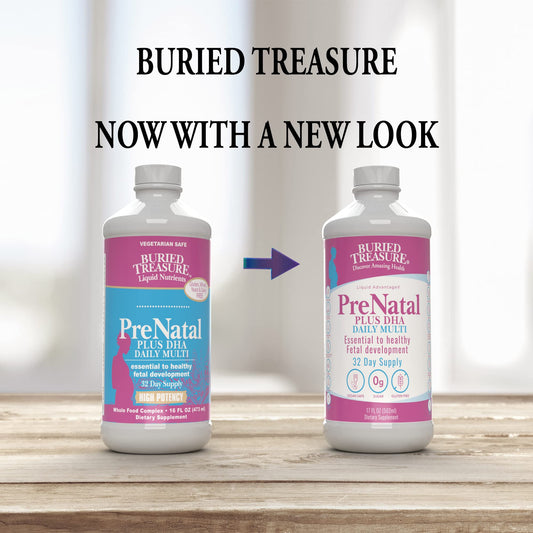Buried Treasure Prenatal Plus DHA Complete label close-up showing vitamins and DHA blend.