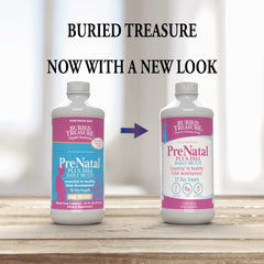 Buried Treasure Prenatal Plus DHA Complete label close-up showing vitamins and DHA blend.