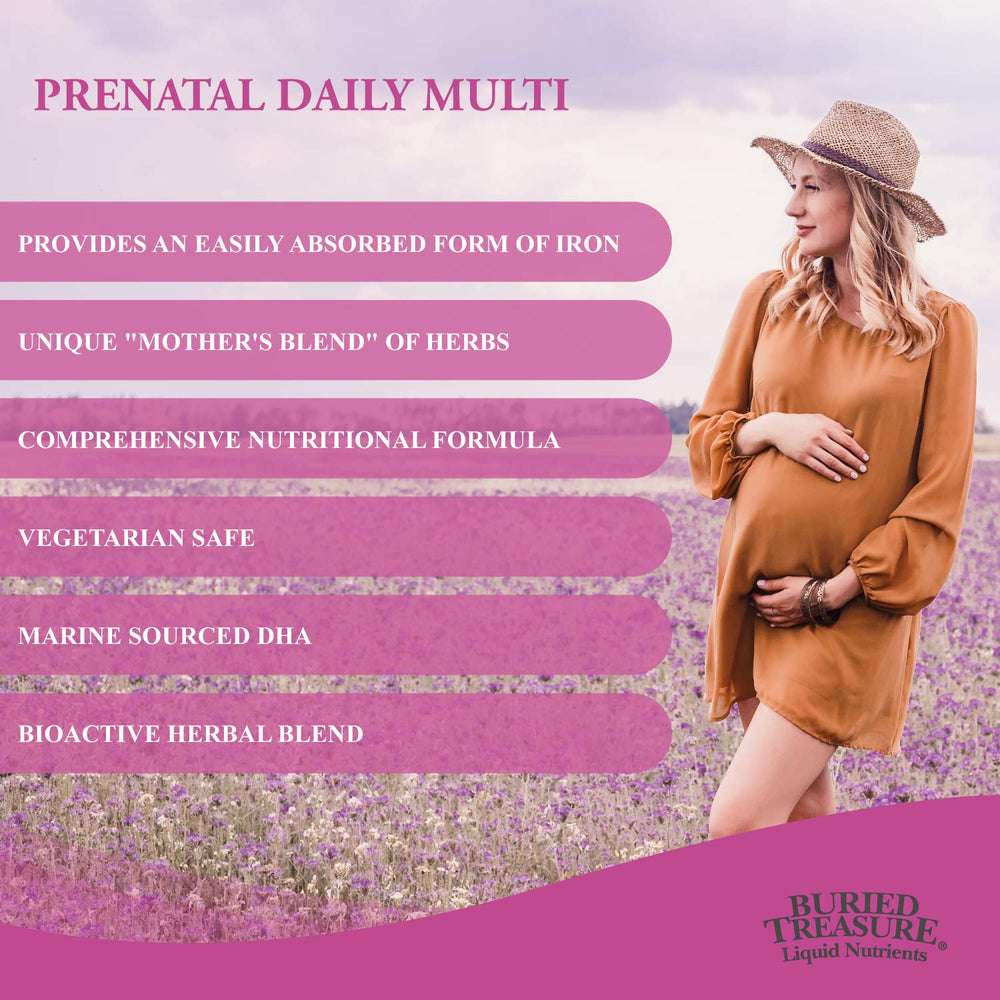 Buried Treasure Prenatal Plus DHA Complete liquid shown with a glass to suggest easy absorption.