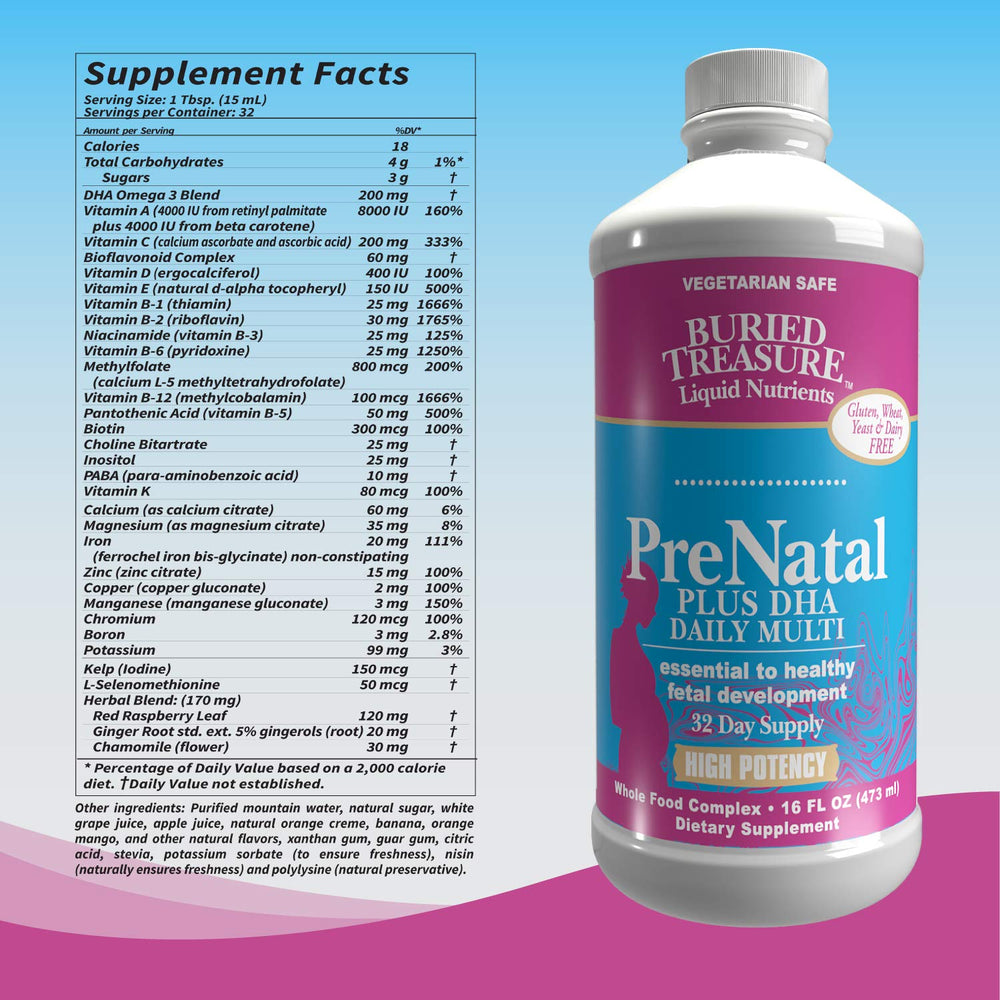 Buried Treasure Prenatal Plus DHA Complete bottle displayed with USA-made assurance.