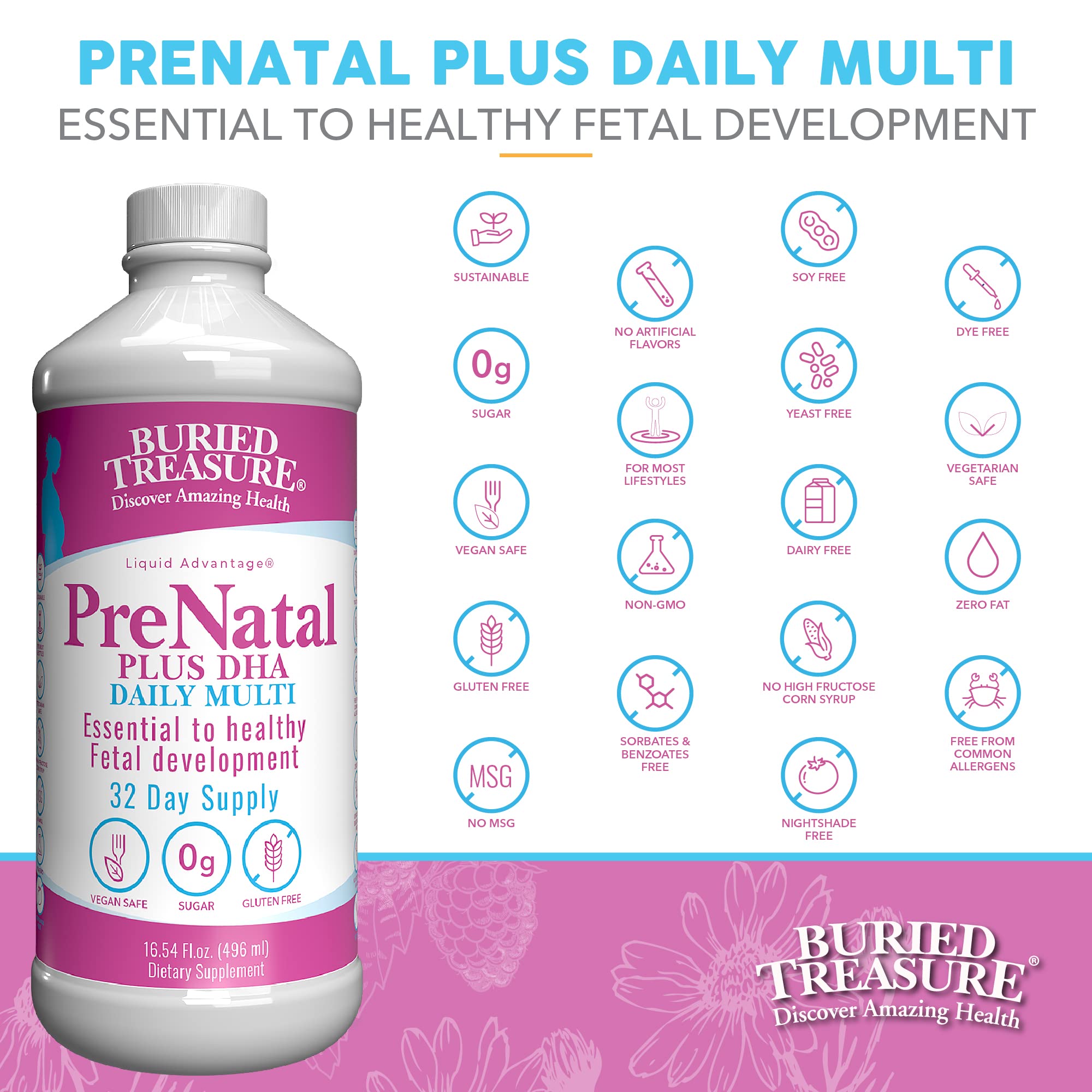 Buried Treasure Prenatal Plus DHA label emphasizes non-GMO and allergen-free ingredients.