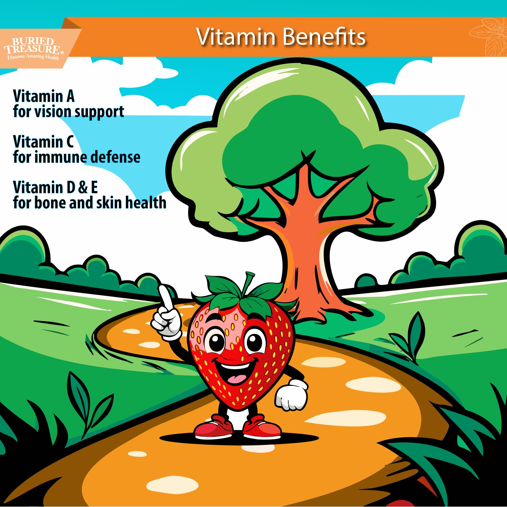 Buried Treasure vegan gluten-free multivitamin bottle with natural fruit flavors.