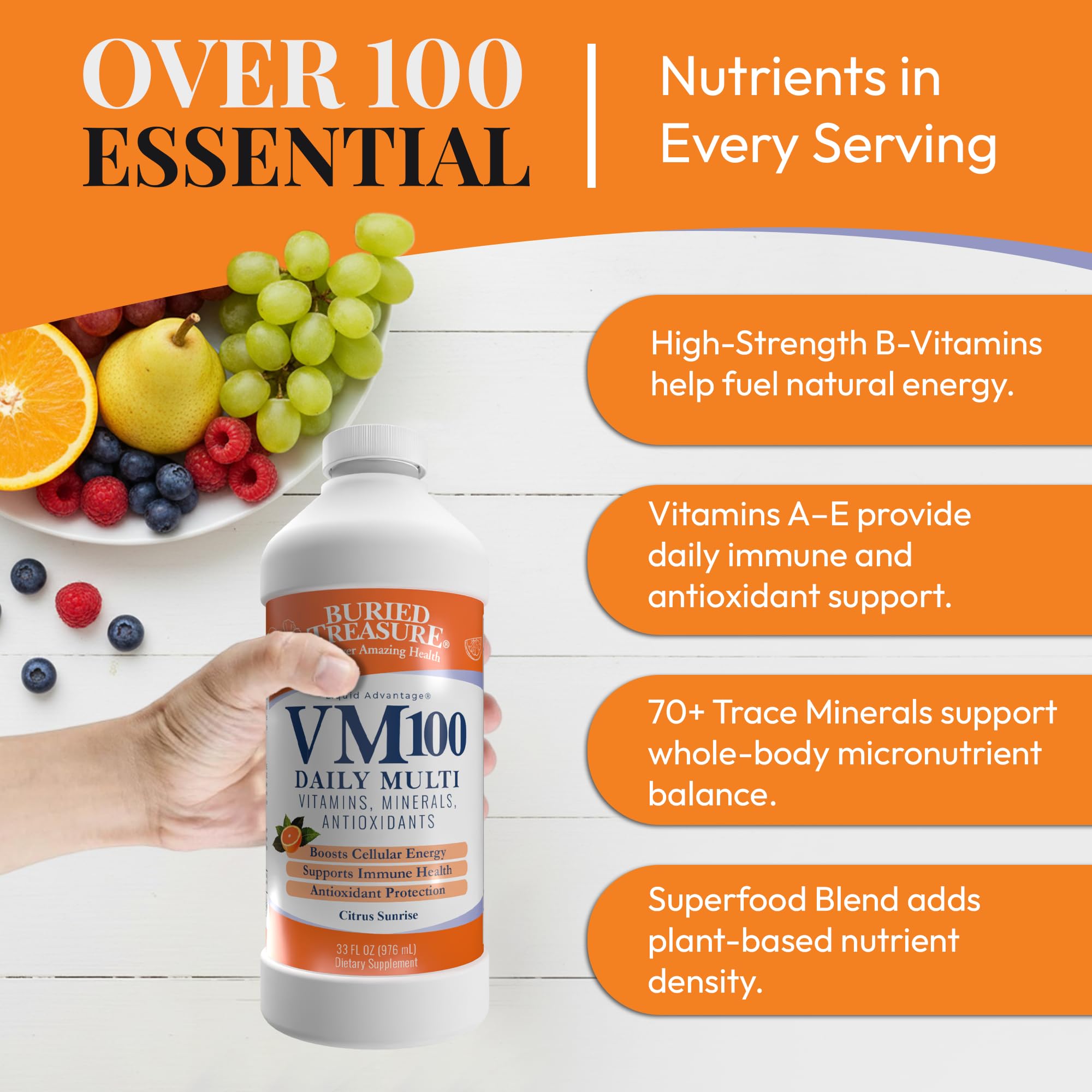 Buried Treasure VM100 daily-multivitamin-label showcases a comprehensive nutrient blend at a glance.