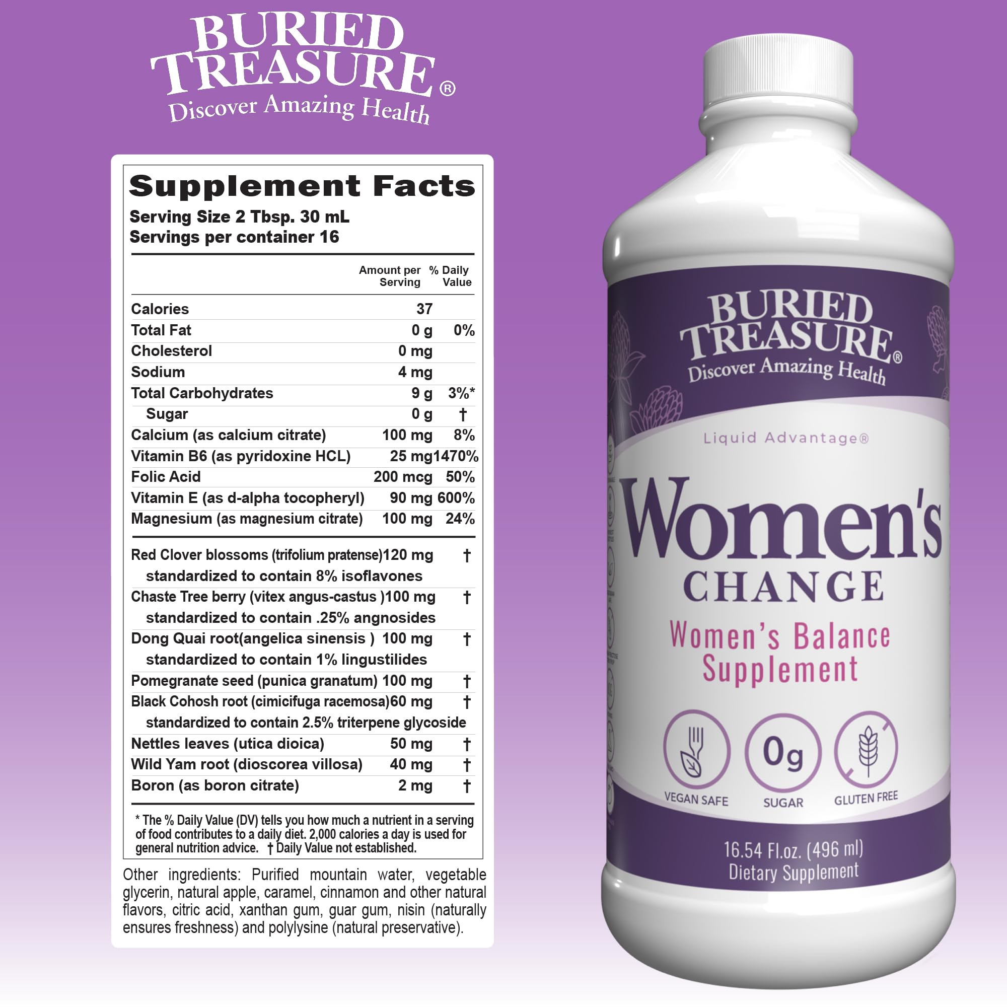 Buried Treasure Women’s Change label close-up with menopause support botanicals.