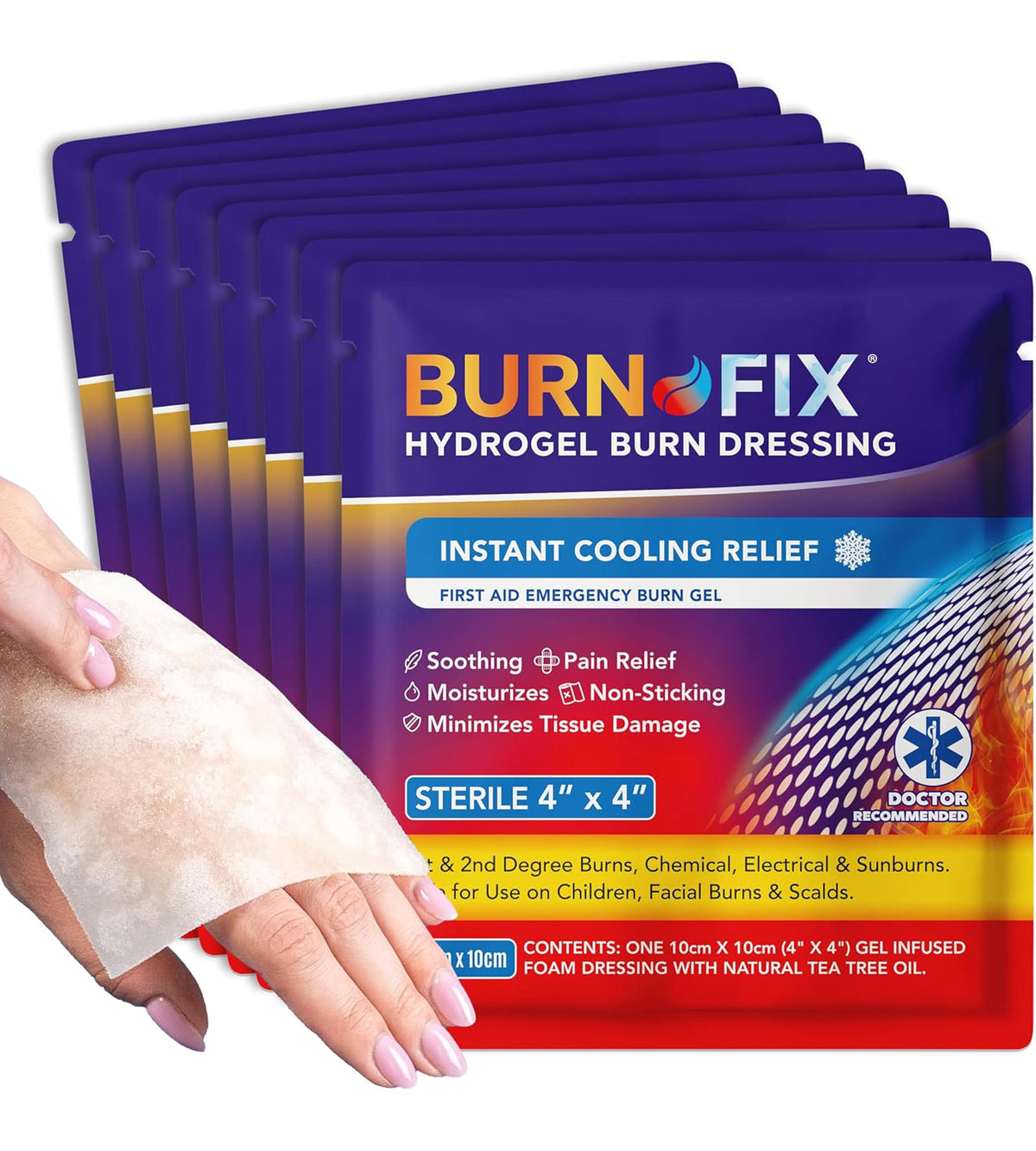 BurnFix Burn Gel Pad 4x4 dressing provides rapid cooling for larger burn areas.