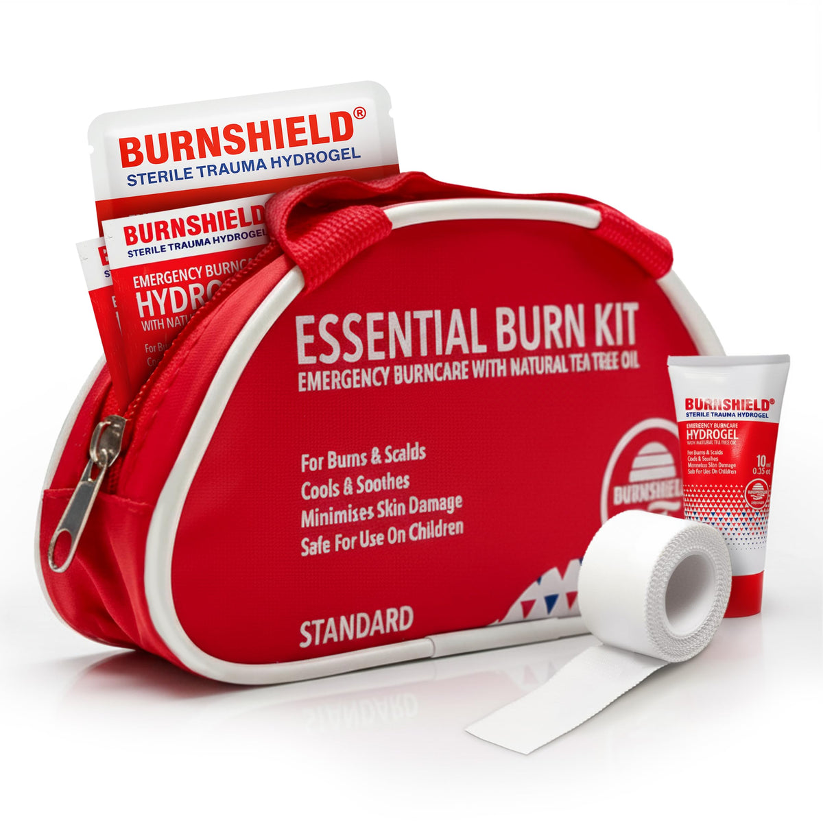 Burnshield Essential Burn Kit front view showing compact home and travel safety gear