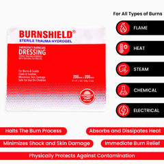 Burnshield hydrogel dressing cooling on contact eases burn discomfort.