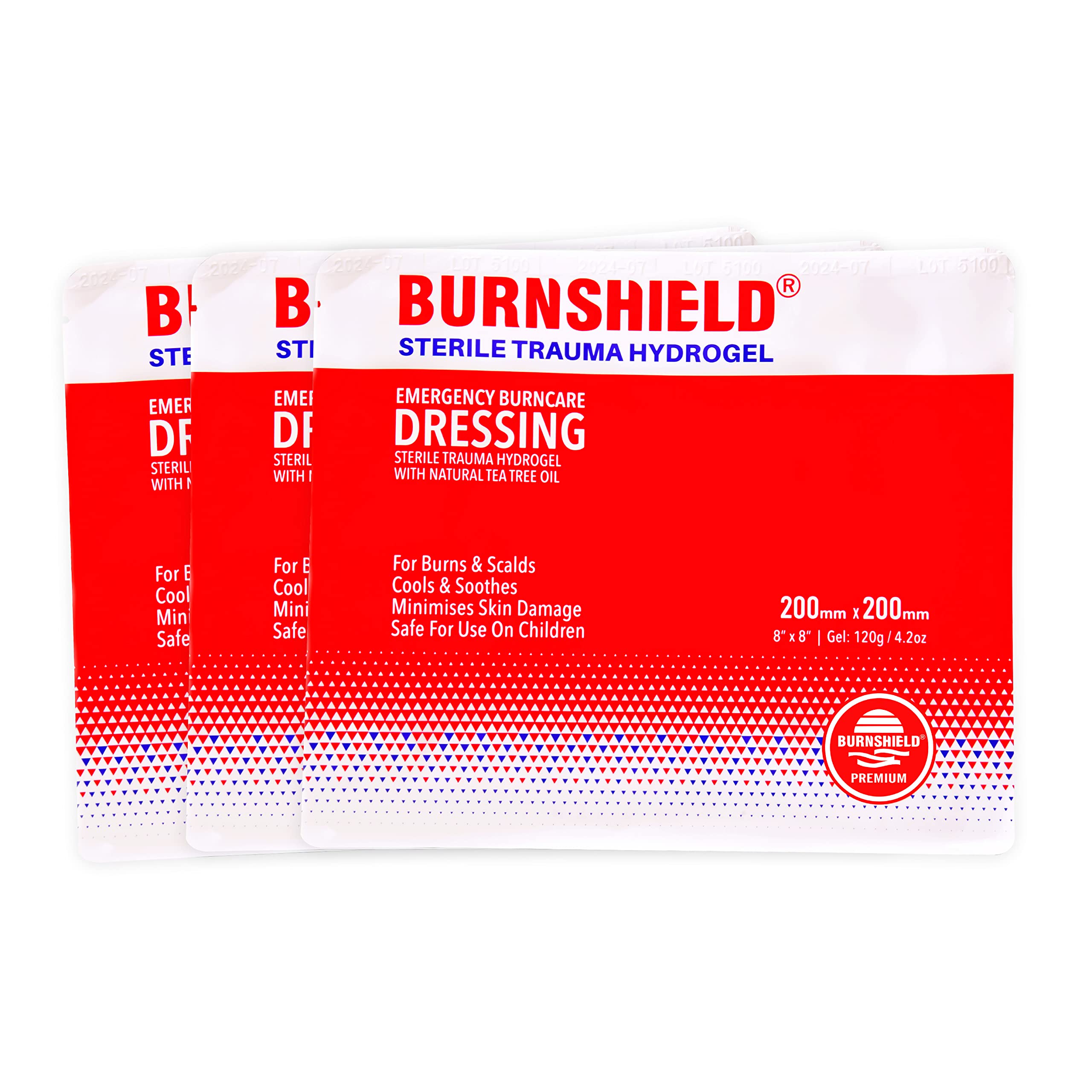 Burnshield sterile emergency burn dressing 8x8 pack for rapid cooling and skin protection.