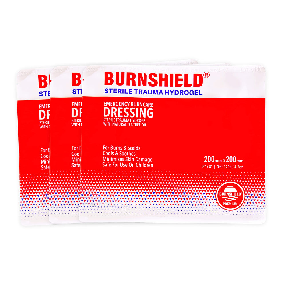 Burnshield sterile emergency burn dressing 8x8 pack for rapid cooling and skin protection.