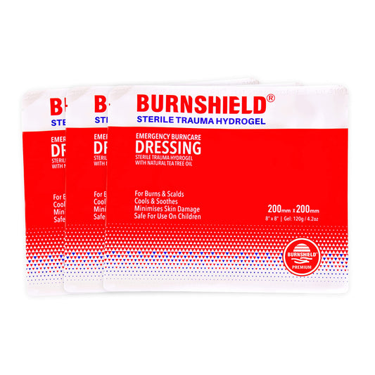 Burnshield sterile emergency burn dressing 8x8 pack for rapid cooling and skin protection.
