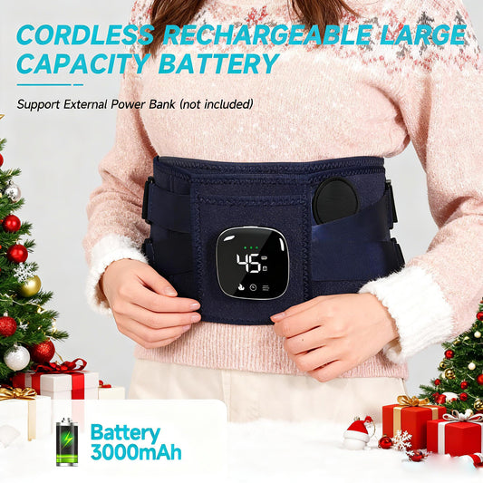 Burrki cordless heating pad in-use massage demonstrates versatile heat and vibration for sore areas.