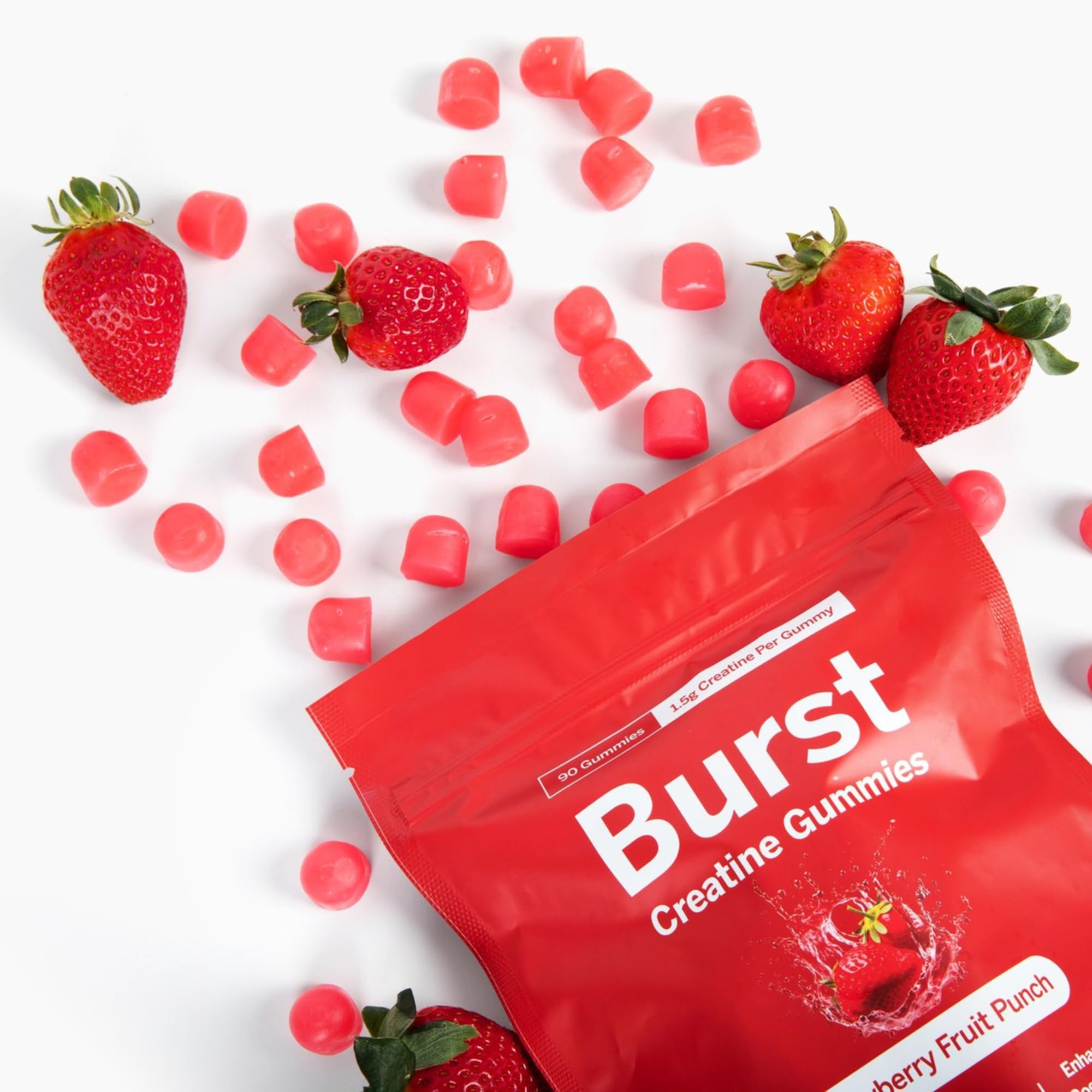Burst Creatine Gummies ingredient graphic showcasing clean, vegan, non-GMO formula.