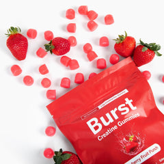 Burst Creatine Gummies ingredient graphic showcasing clean, vegan, non-GMO formula.