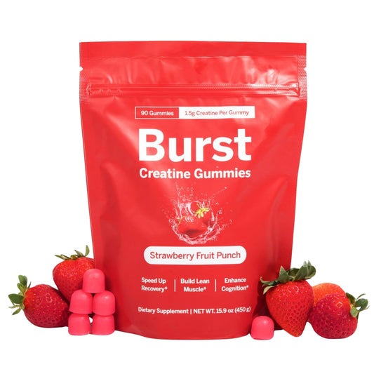 Burst Creatine Gummies pack shot showing a 90-count bottle for lean muscle support.