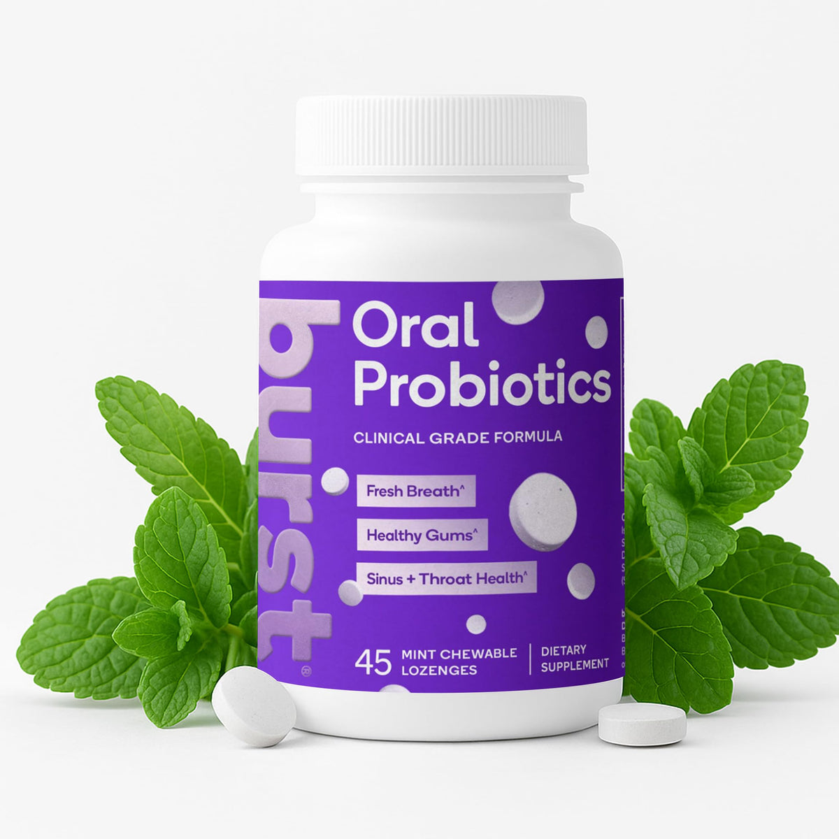 Burst Dental Probiotics bottle front view, 45-count supply for daily oral balance.