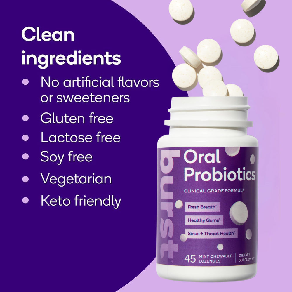 Burst BLIS K12 and M18 focus visual showing probiotic strains and oral health benefits.