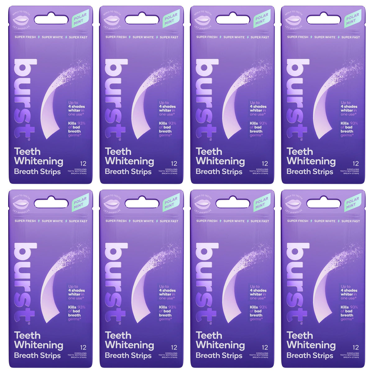 Burst Teeth Whitening Breath Strips Polar Mint pack for dual breath freshness and whitening.