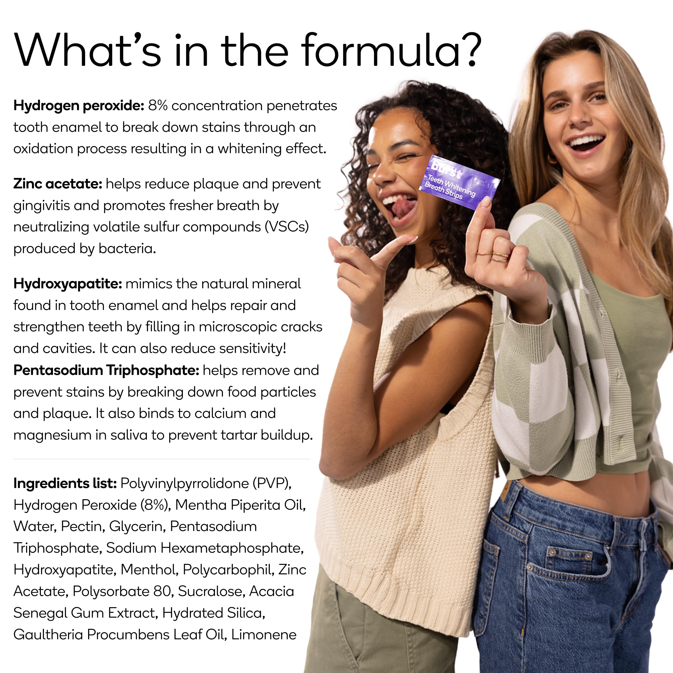 Burst vegan cruelty-free ingredients for a clean, ethical whitening option.