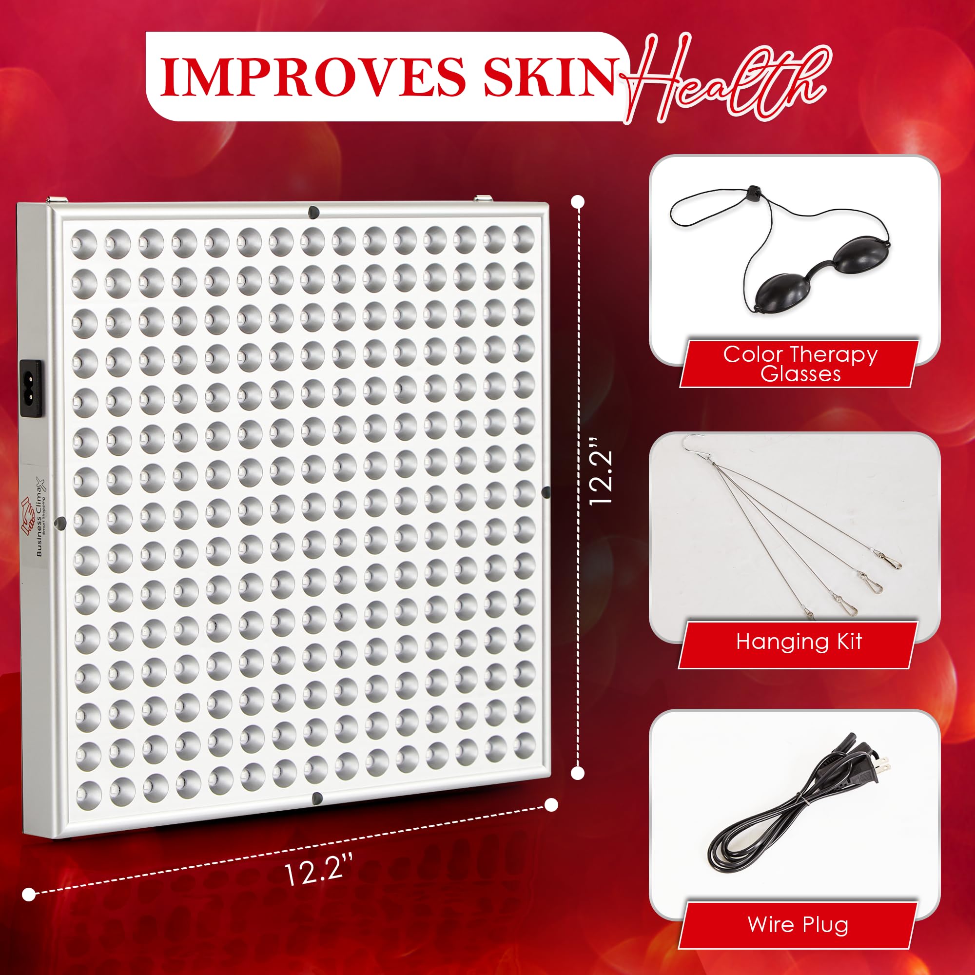 Business Climax LED Red Light Therapy Panel used for facial skincare.
