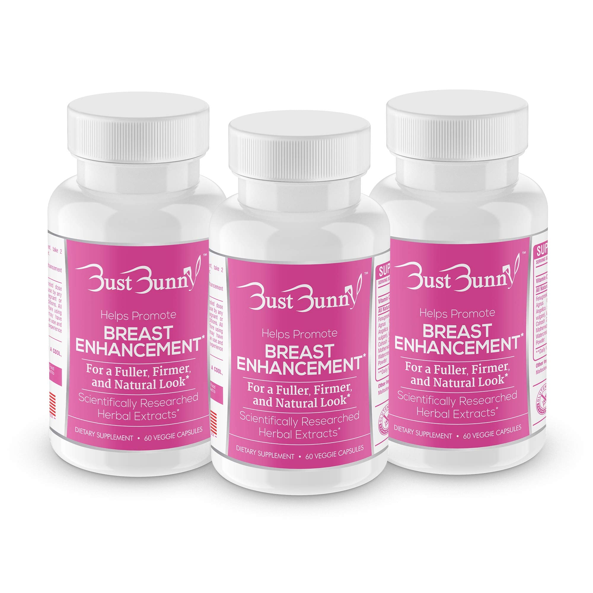Bust Bunny breast enhancement pills bottle for daily use, plant-based vegan formula.