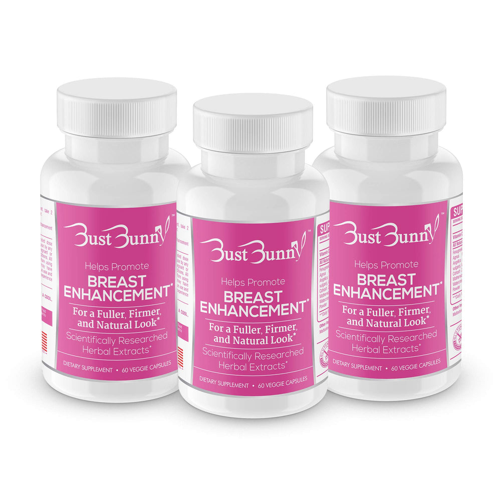 Bust Bunny breast enhancement pills bottle for daily use, plant-based vegan formula.