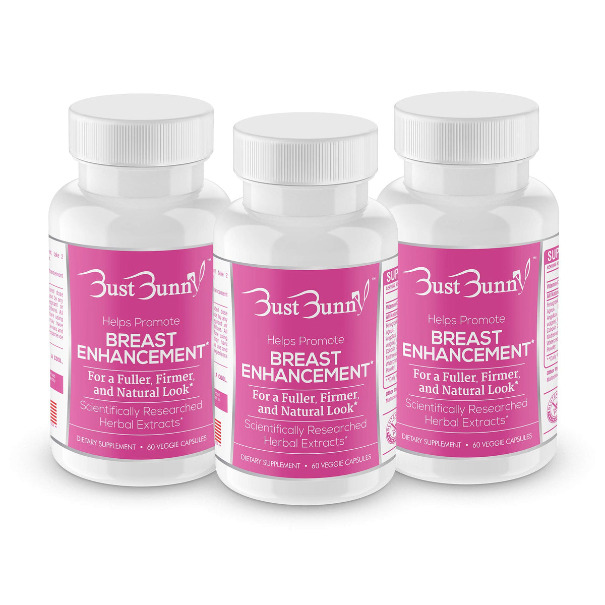 Bust Bunny breast enhancement pills bottle for daily use, plant-based vegan formula.