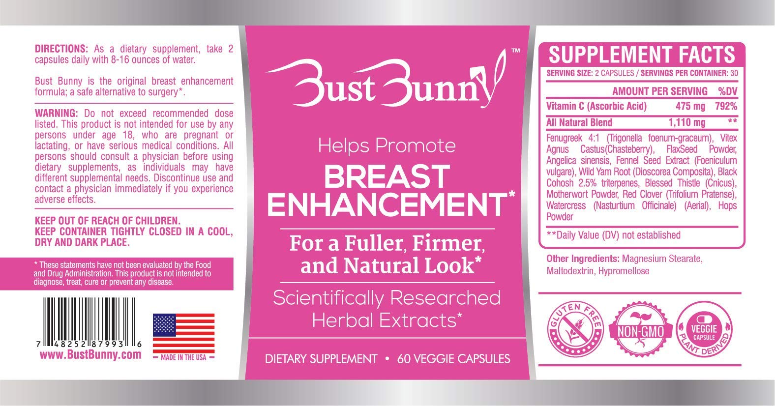 Bust Bunny daily vitamin C capsule included, supports routine health.