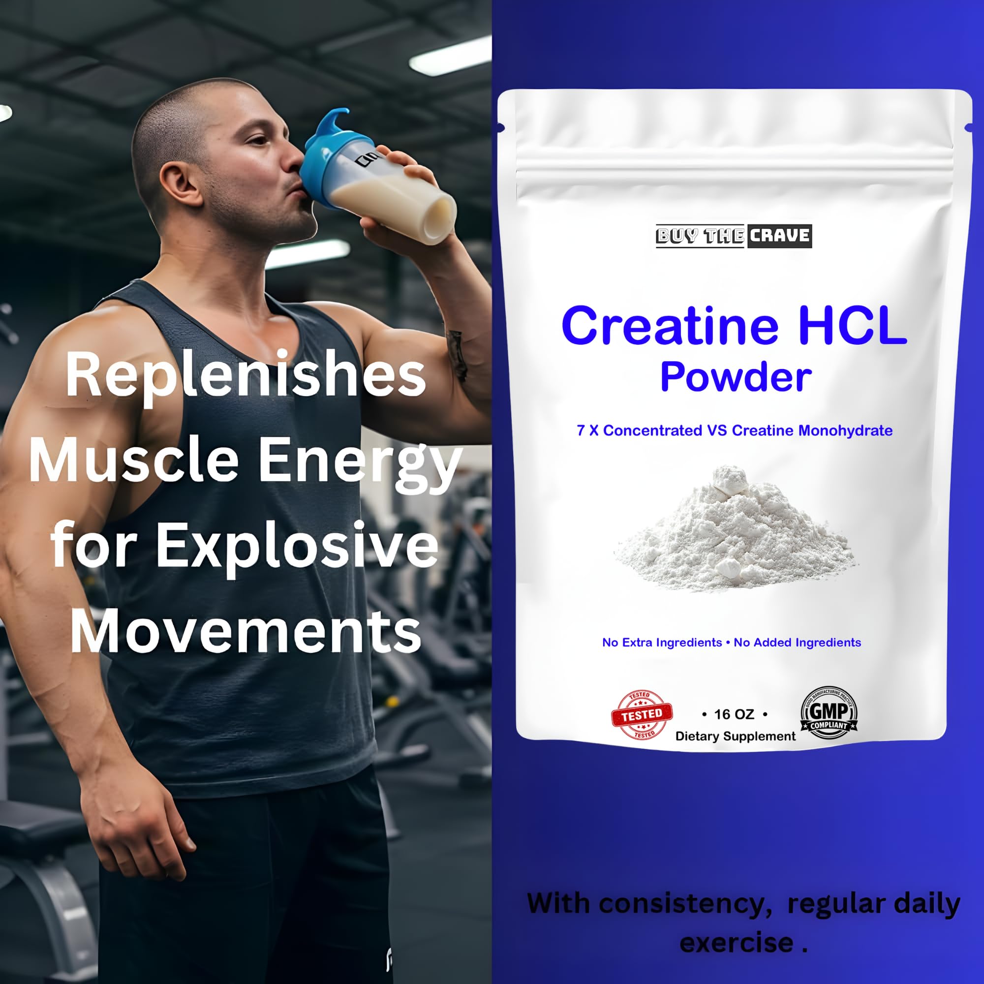Closeup of BUY THE CRAVE Creatine HCL powder label highlighting vegan-friendly formula