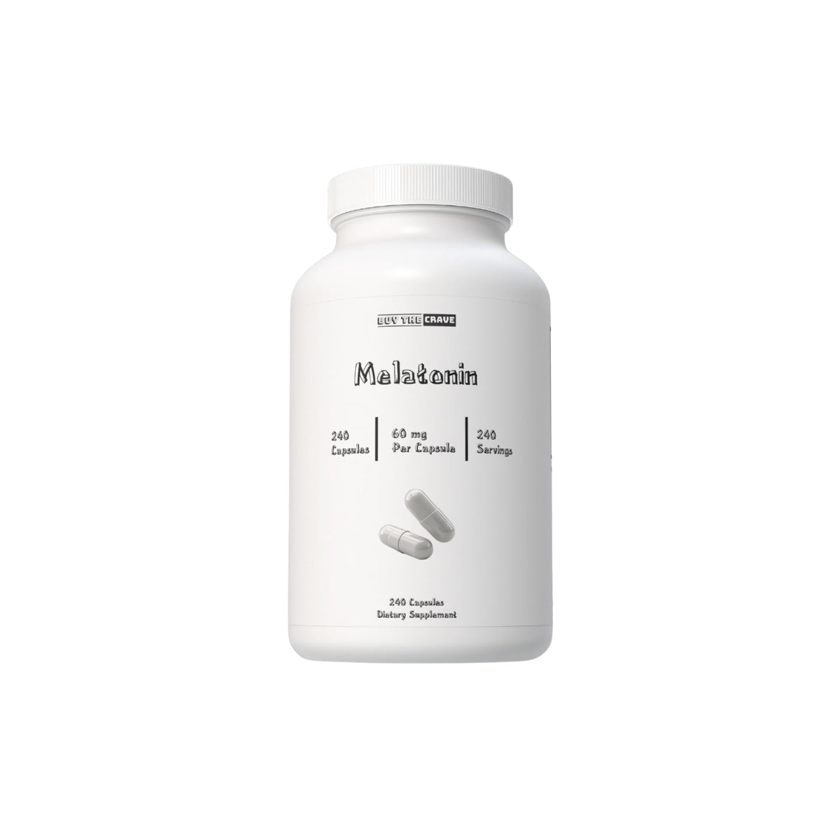 Buy The Crave Melatonin 60mg bottle close-up may support sleep onset.