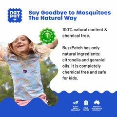 Child wearing a colorful BuzzPatch kid-friendly smiley pattern sticker outdoors.
