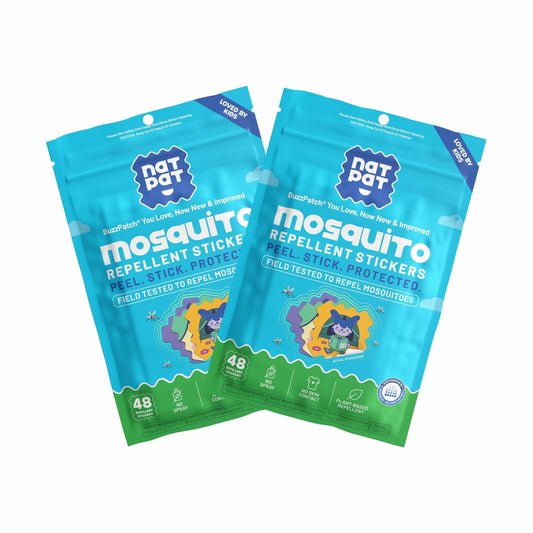 BuzzPatch mosquito patch kids pack with colorful designs for kid-friendly, plant-based protection