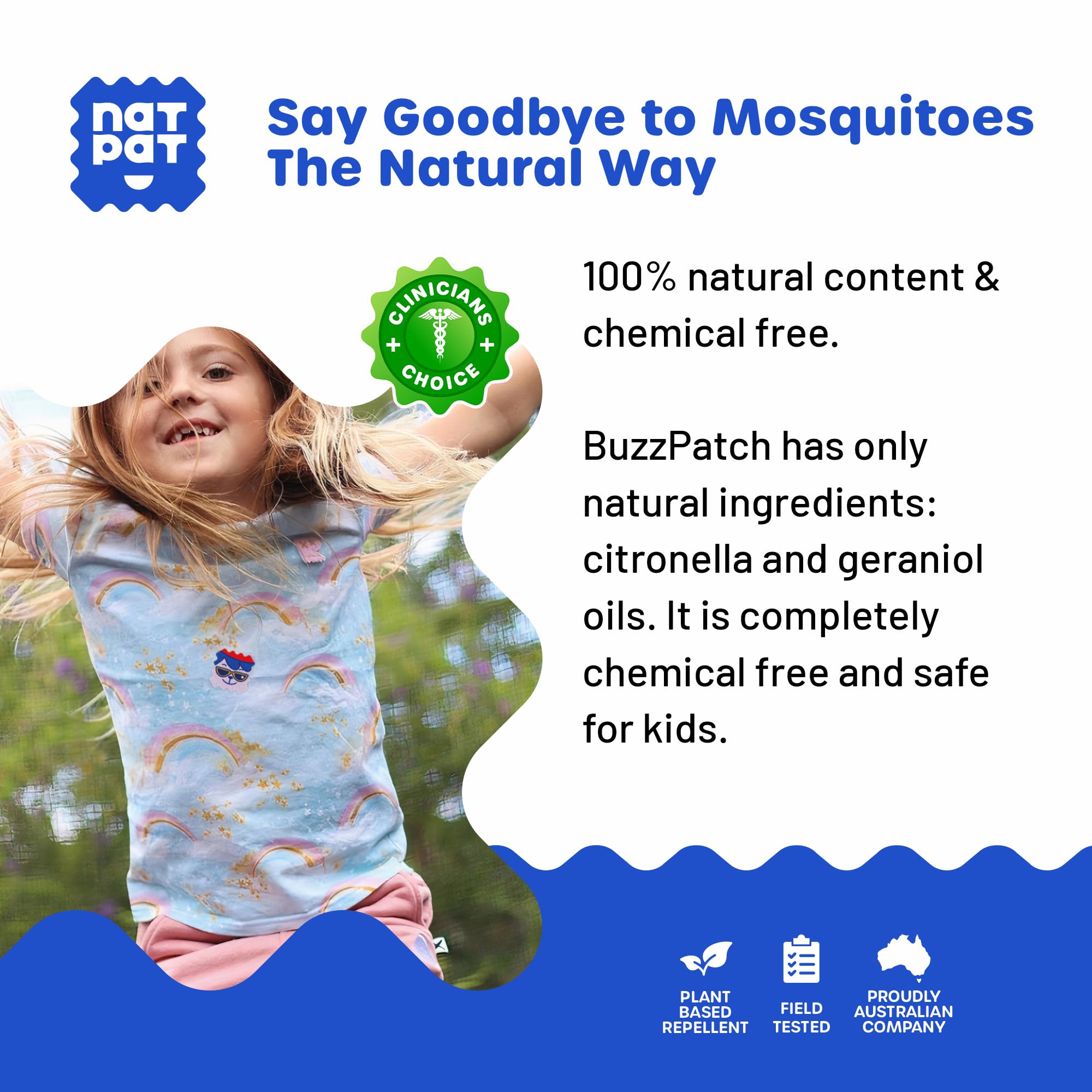 BuzzPatch plant-based ingredients close-up highlighting natural, safe repellent qualities
