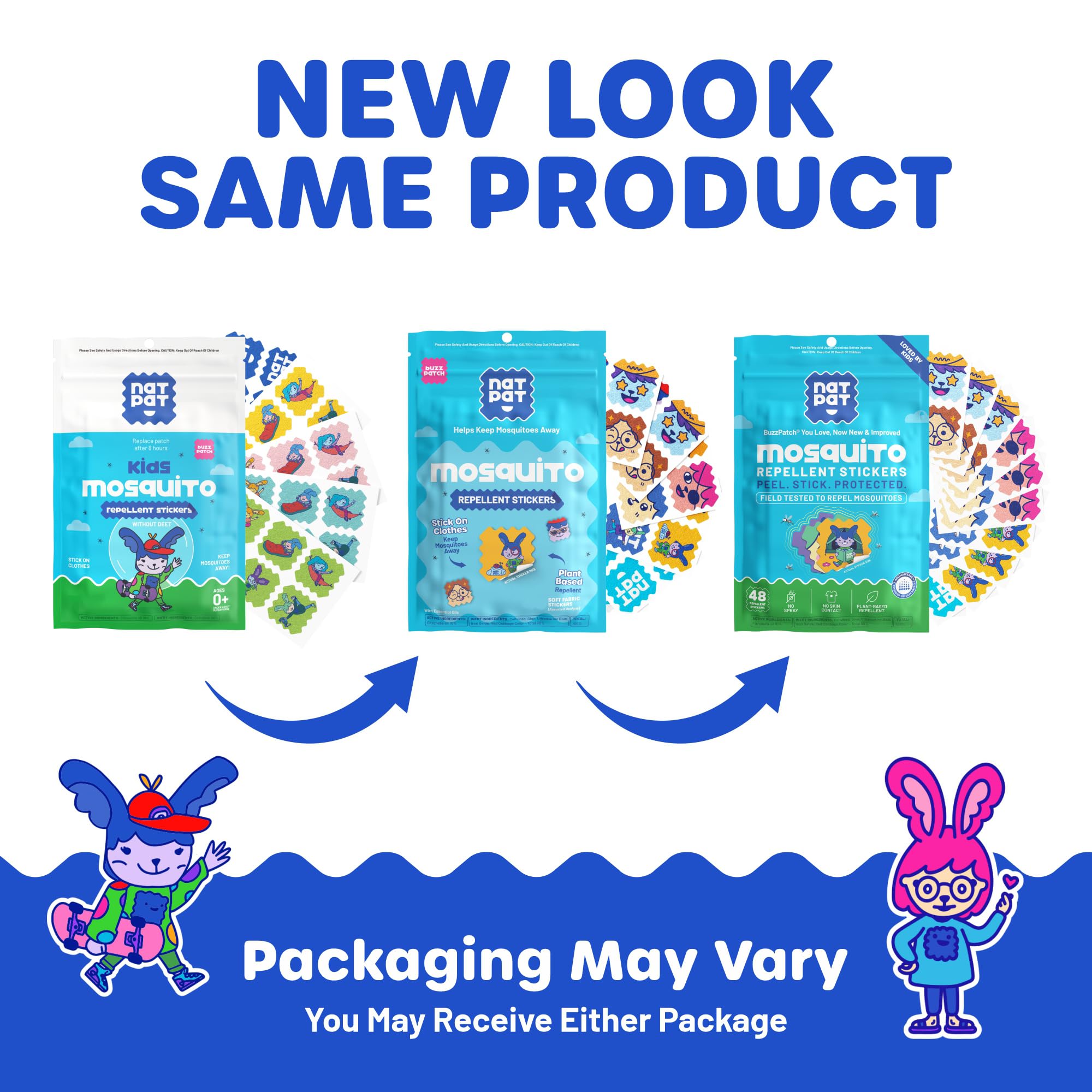 BuzzPatch water-resistant patches stay on skin or clothing during activities.