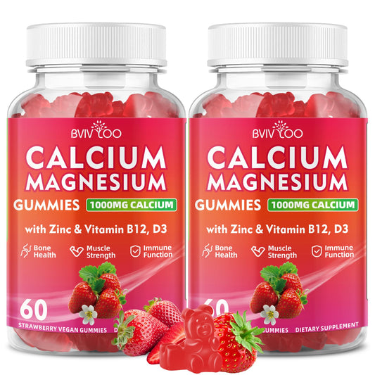BVIVLOO Calcium Gummies bottle front shows 1000mg calcium for bone support.