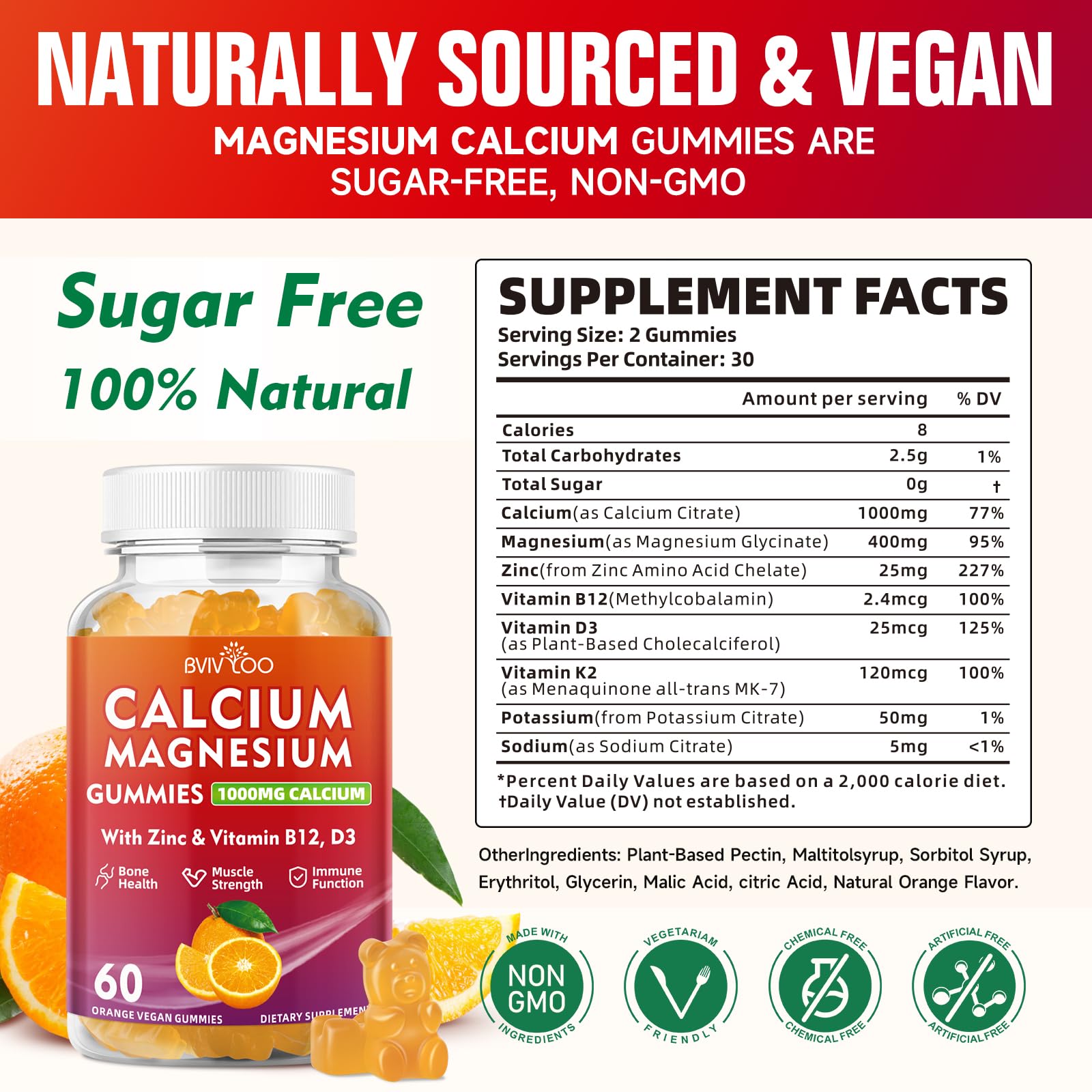 BVIVLOO calcium gummies orange bottle front highlighting D3 and K2 for bone health