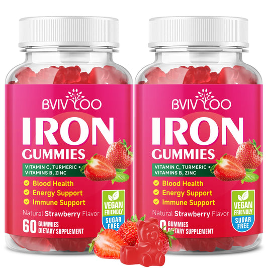 BVIVLOO vegan iron gummies bottle-front view for energy support