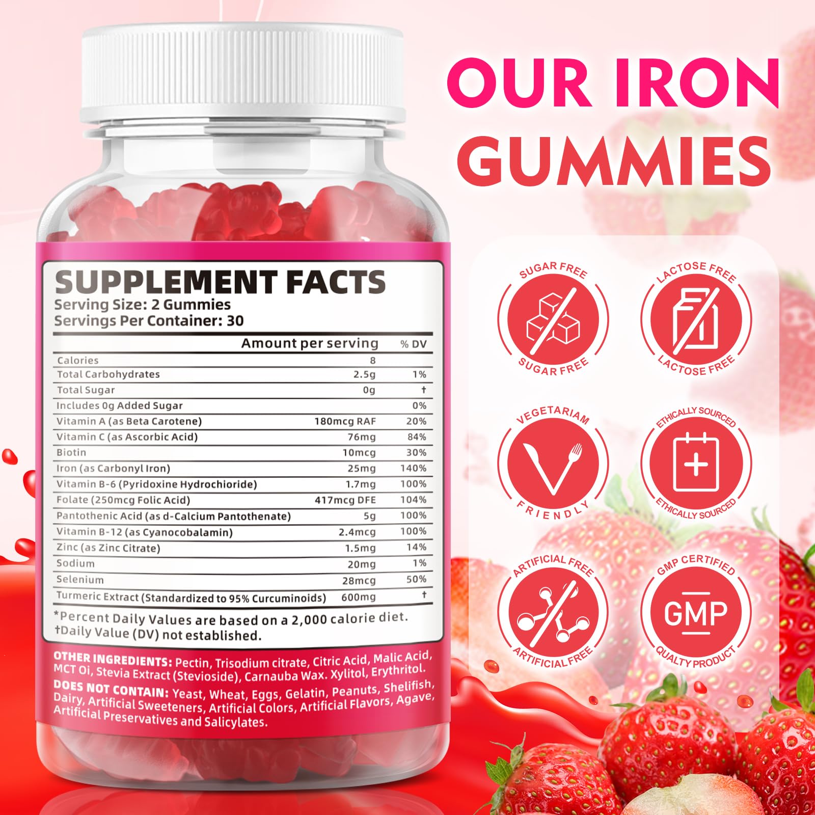 BVIVLOO vegan iron gummies close-up shows strawberry flavor and gentle digestion