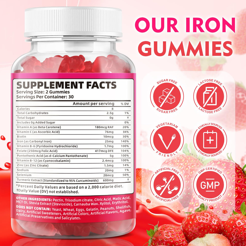 BVIVLOO vegan iron gummies close-up shows strawberry flavor and gentle digestion