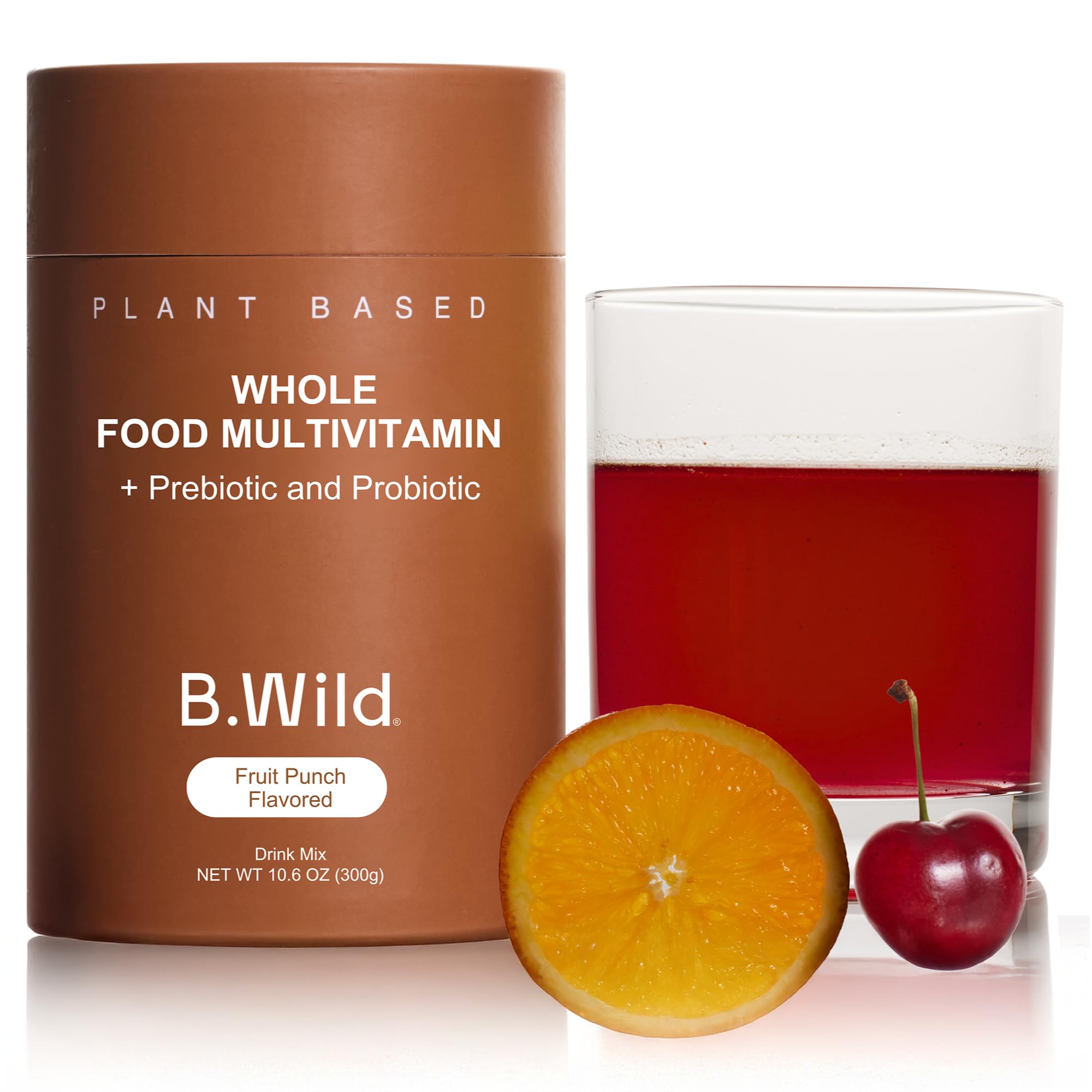 B.WILD plant-based multivitamin bottle front for daily wellness with bold fruit punch flavor